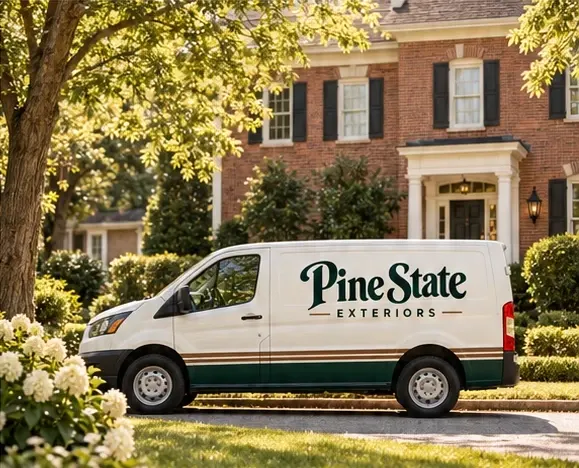 Concept rendering of a white Pine State Exteriors van parked in front of a brick colonial home with hydrangeas.